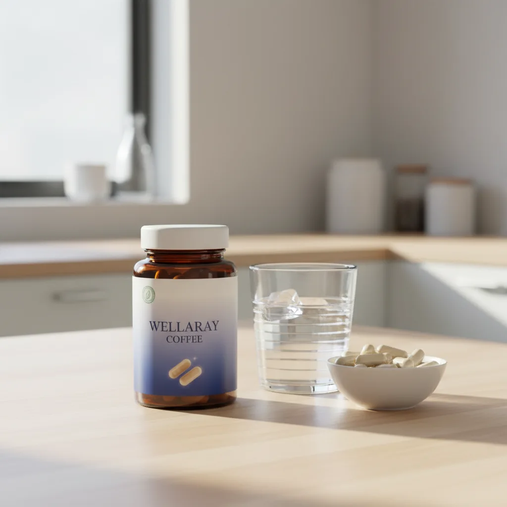 Wellaray Coffee Kaffee Supplement mit B-Vitaminen kaufen - Produktverpackung in Lifestyle-Flatlay mit Kaffeetasse